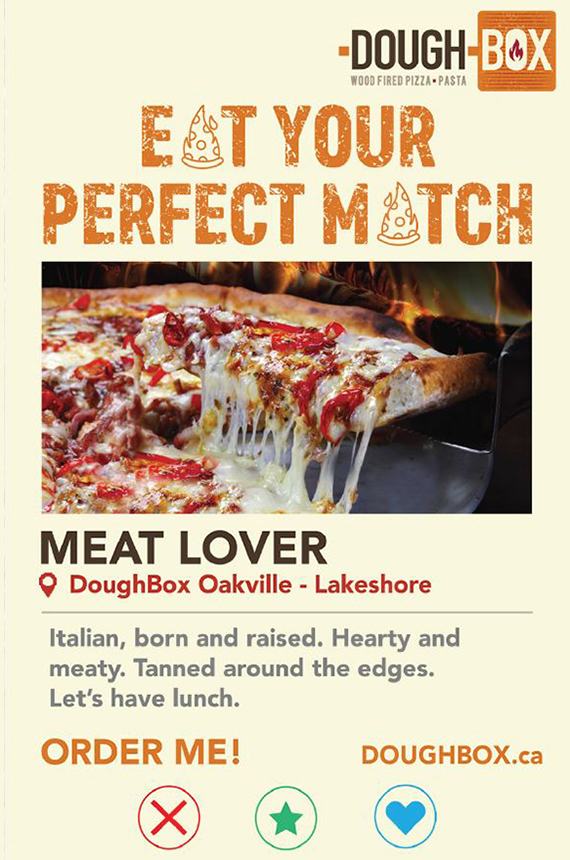 Screenshot of Dough Box mobile app showing image of Meat Lover pizza, description, and like/dislike buttons that emulate a dating app