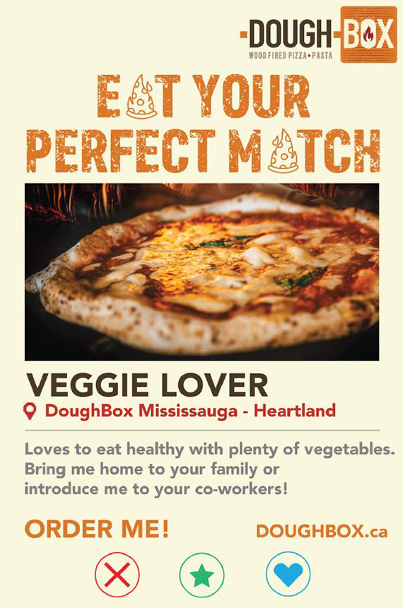 Screenshot of Dough Box mobile app showing image of Veggie Lover pizza, description, and like/dislike buttons that emulate a dating app