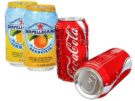 2 cans of Sanpellegrino soda beside 2 cans of Coca Cola