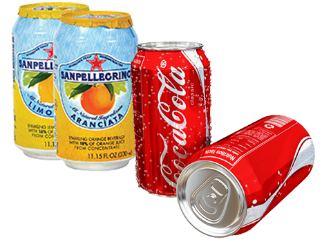 Beverages 2 cans of Sanpellegrino soda beside 2 cans of Coca Cola